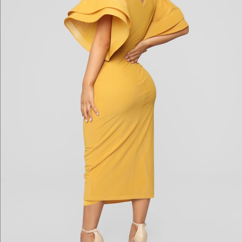 Fashion Nova Mustard Yellow Midi Dress with Ruffle Sleeves - Picture 3 of 6
